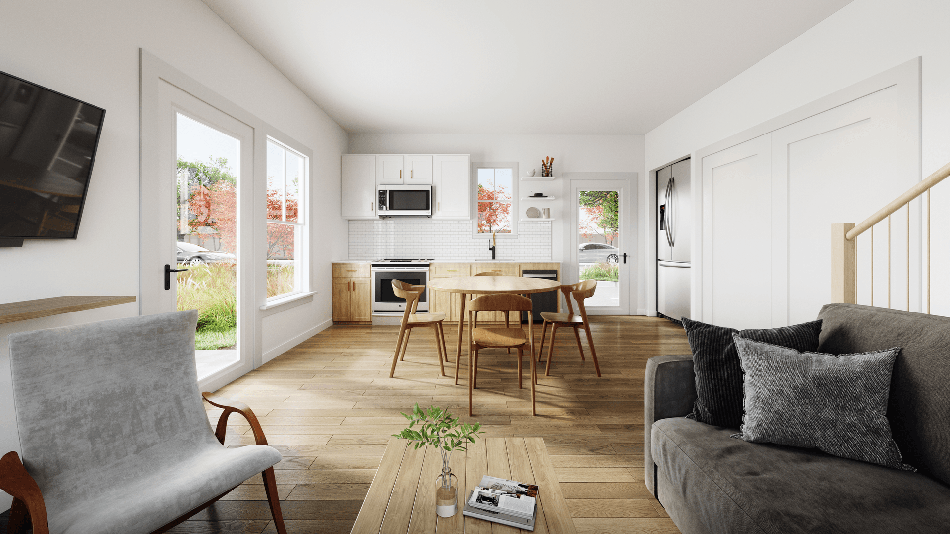 3D rendering of living room interior of 2-bedroom apartment. Lots of natural light coming in on combined kitchen-living room.