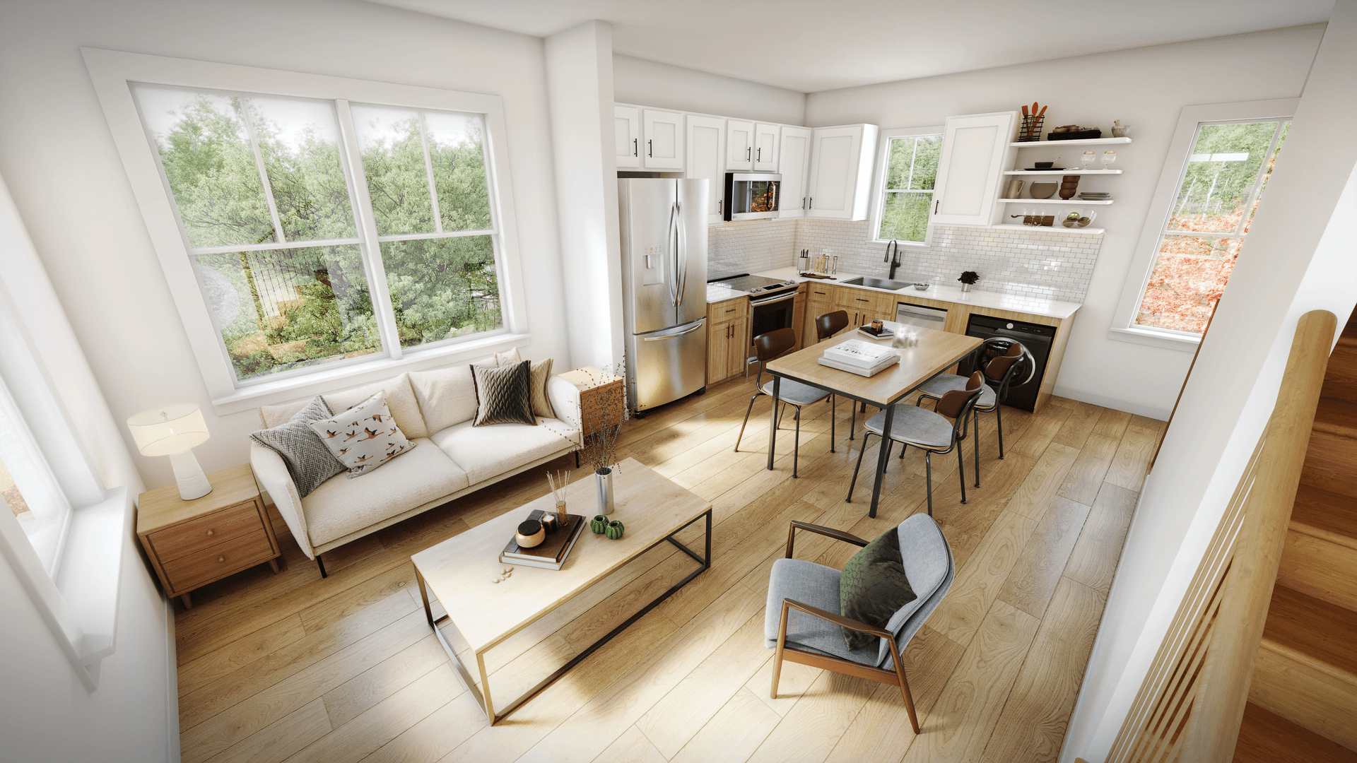 3D rendering of living room interior of 3-bedroom apartment, combined kitchen + living room with view of lush green plants through the windows