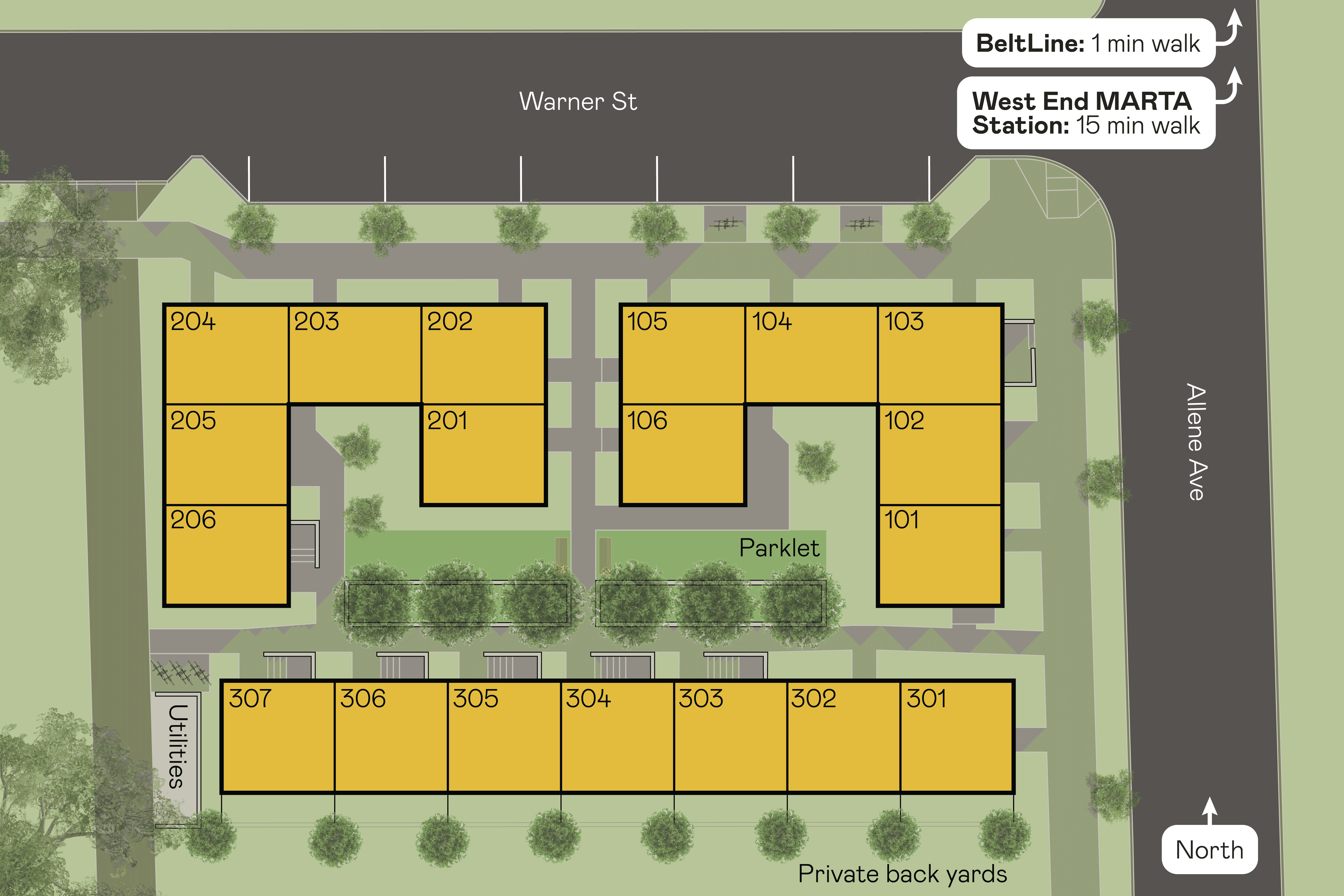 Site plan of townhomes at 1121 Allene