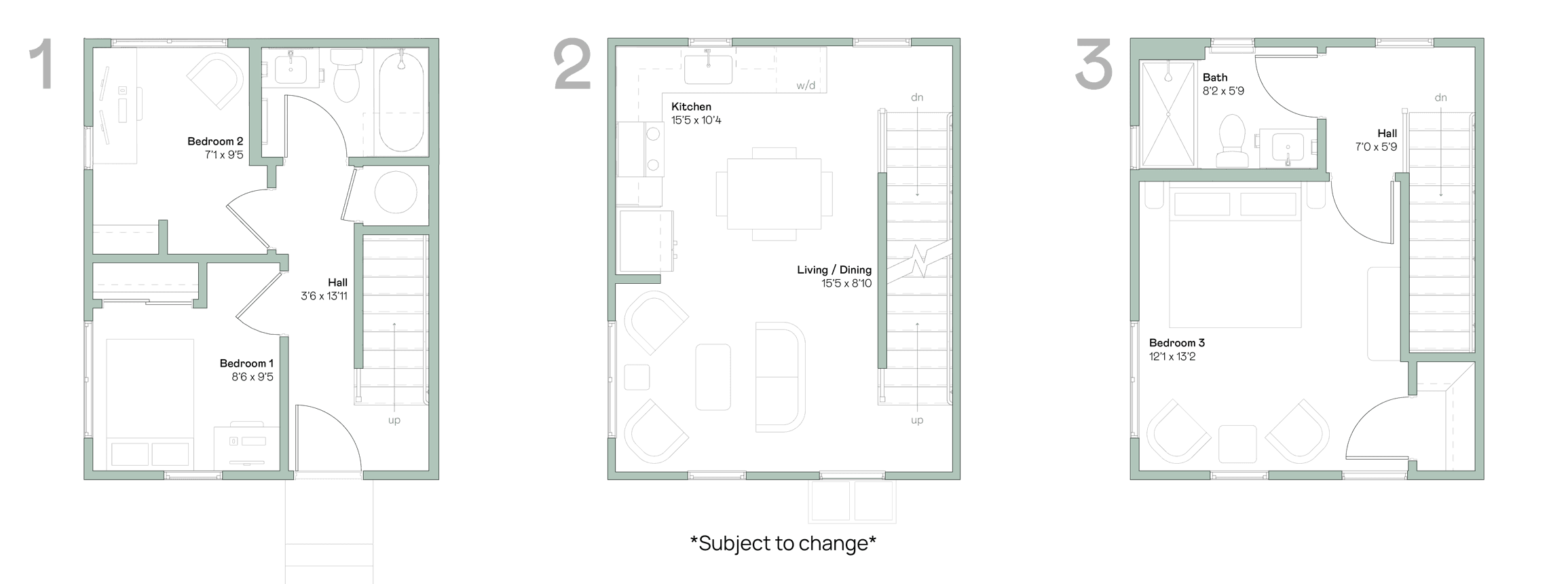 First, second and third floor diagram of 1121 Allene two-bedroom floor plan