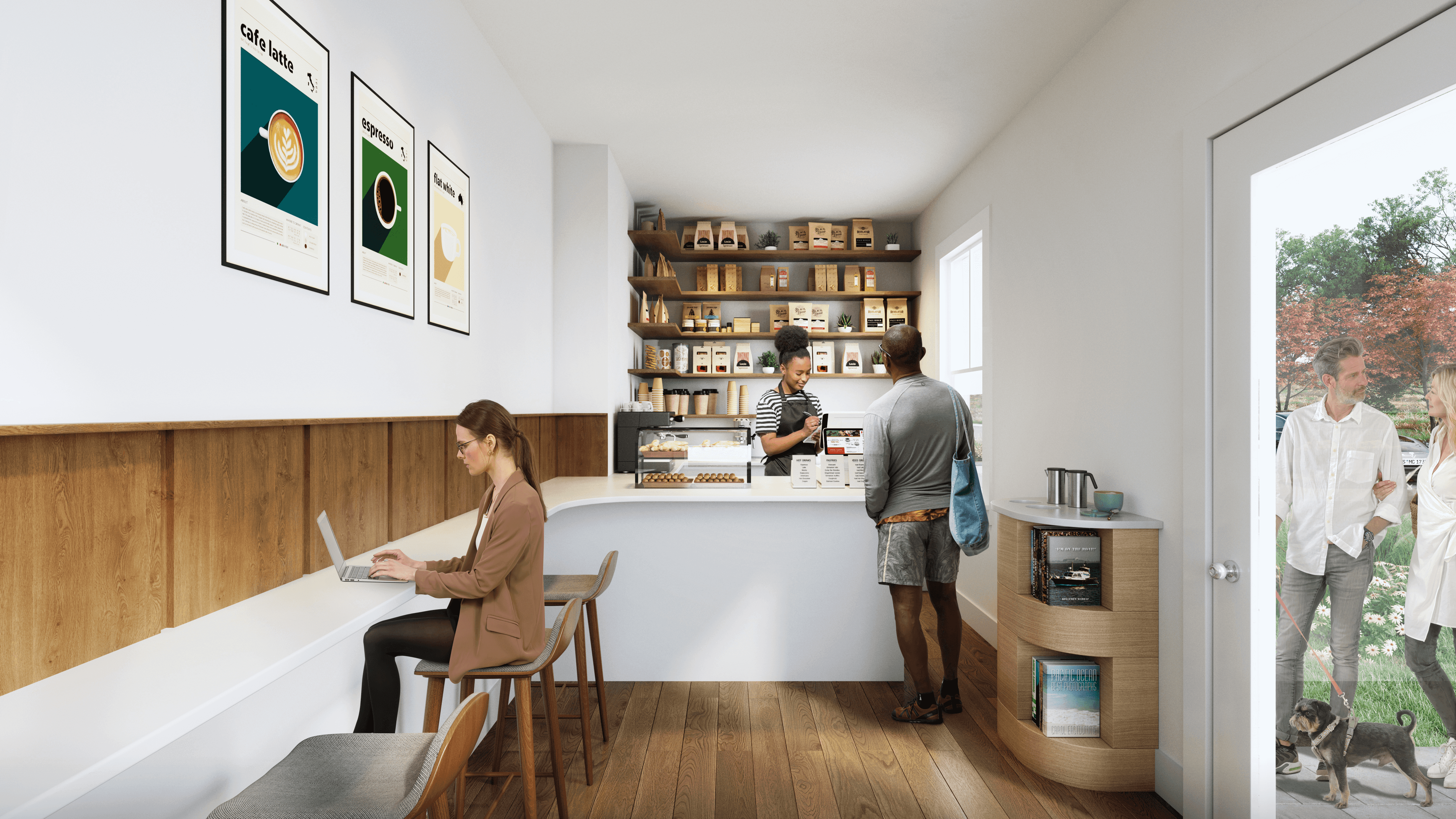 3D rendering of a coffee shop, barista taking a customer's order and another customer with their laptop at the counter